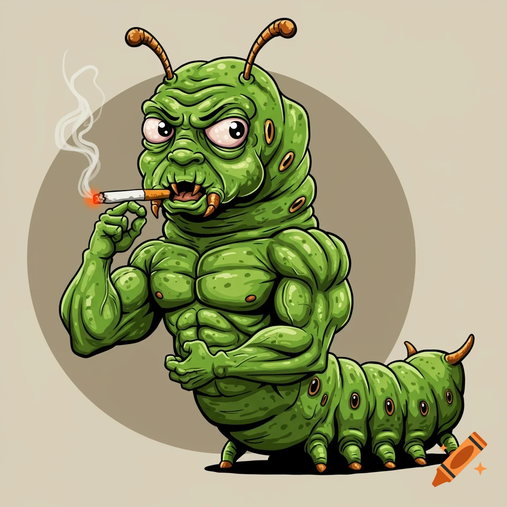 Cartoon of a muscular green caterpillar smoking