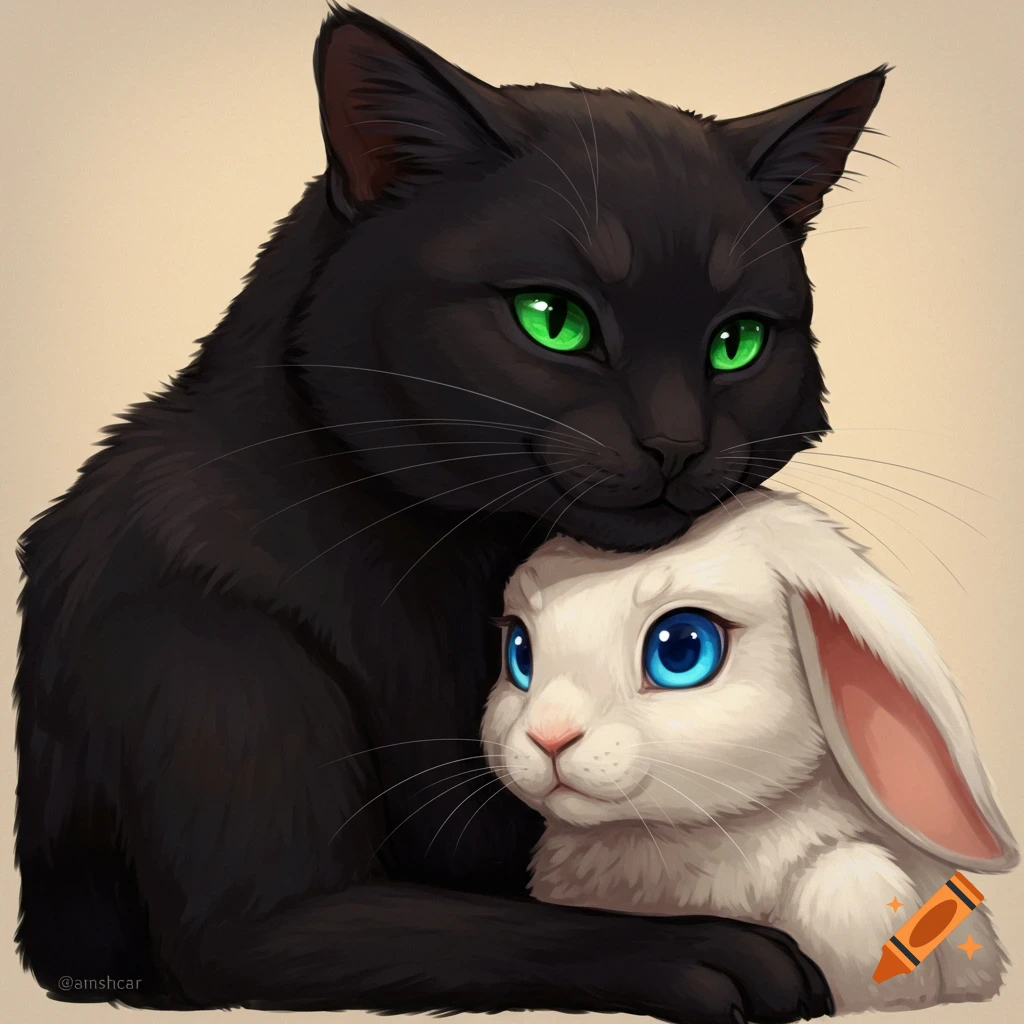 A black cat with green eyes rests its head on a white bunny with blue eyes.