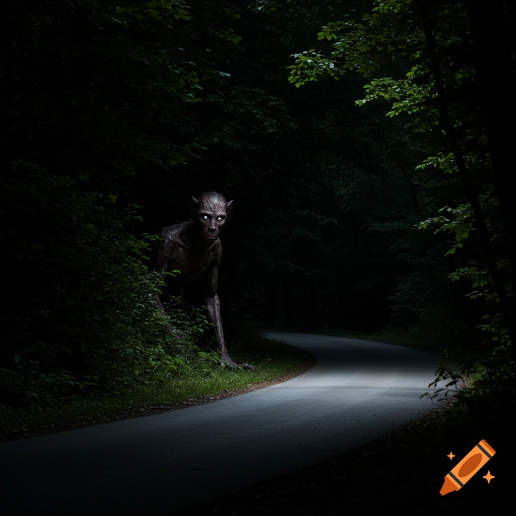 A creepy, gaunt creature with glowing eyes peers from dark woods beside a road at night in a realistic photo.