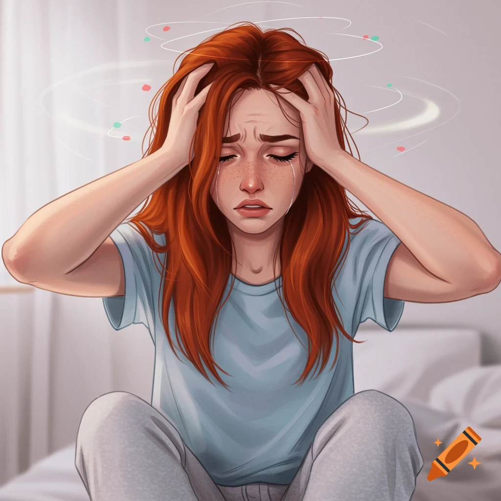A woman with auburn hair is shown clutching her head and crying, with a swirling effect indicating dizziness.