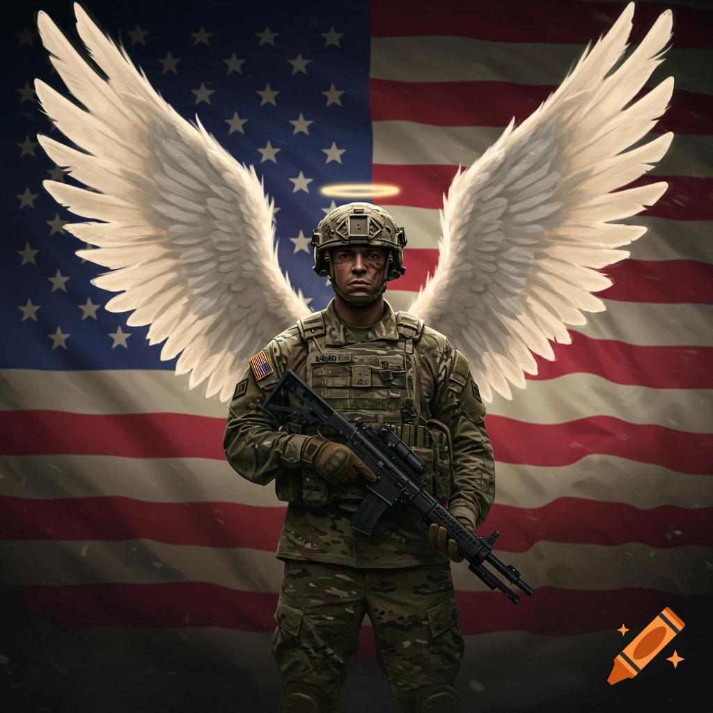 Soldier with angel wings standing in front of a USA flag.