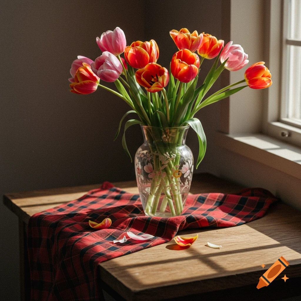 Still life photograph of pink and orange tulips in a glass vase on a red and black plaid tablecloth with sunlight streaming in.