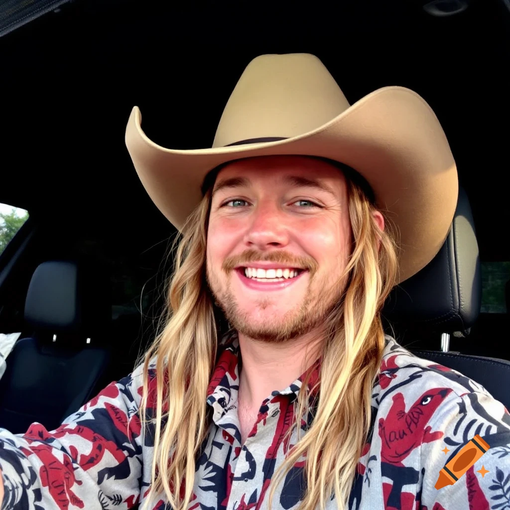 Smiling man in a cowboy hat sitting in a car