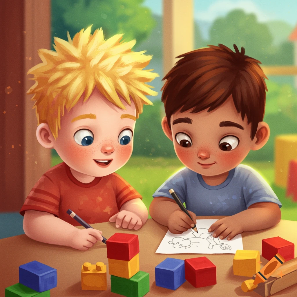 Two young boys drawing and playing with building blocks in a vibrant digital illustration style.