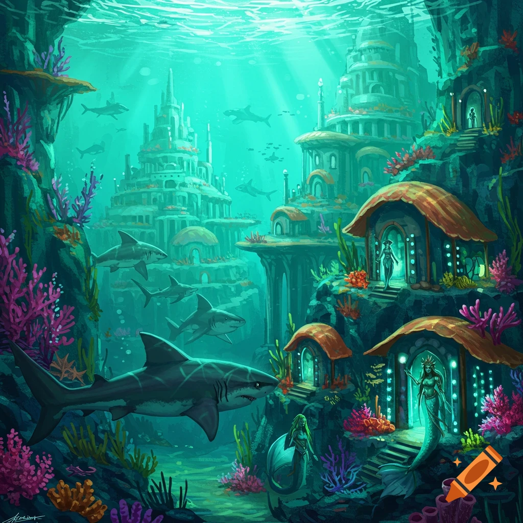 An underwater city with sharks and mermaids.