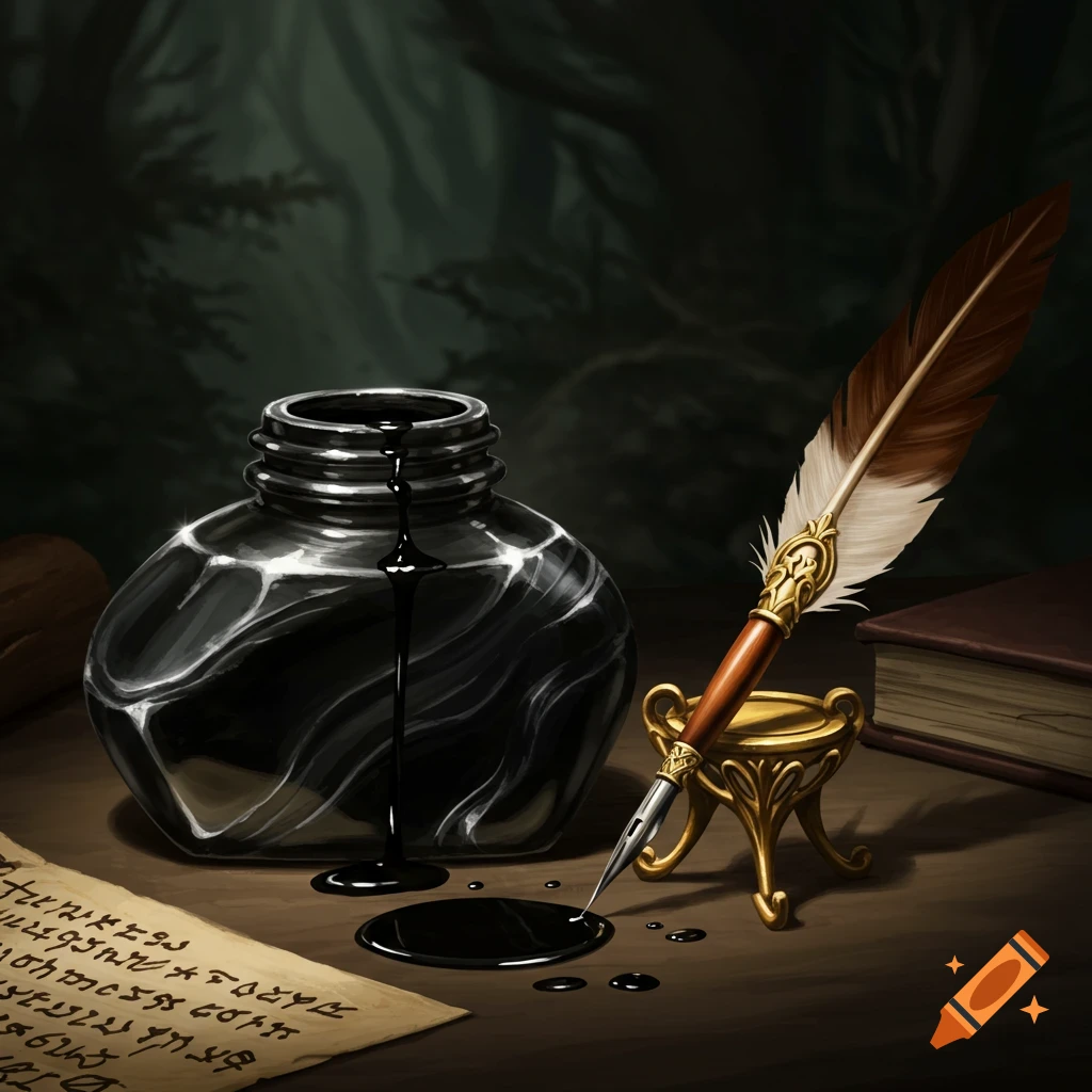 An black inkpot, quill pen, and paper with text beside a book.
