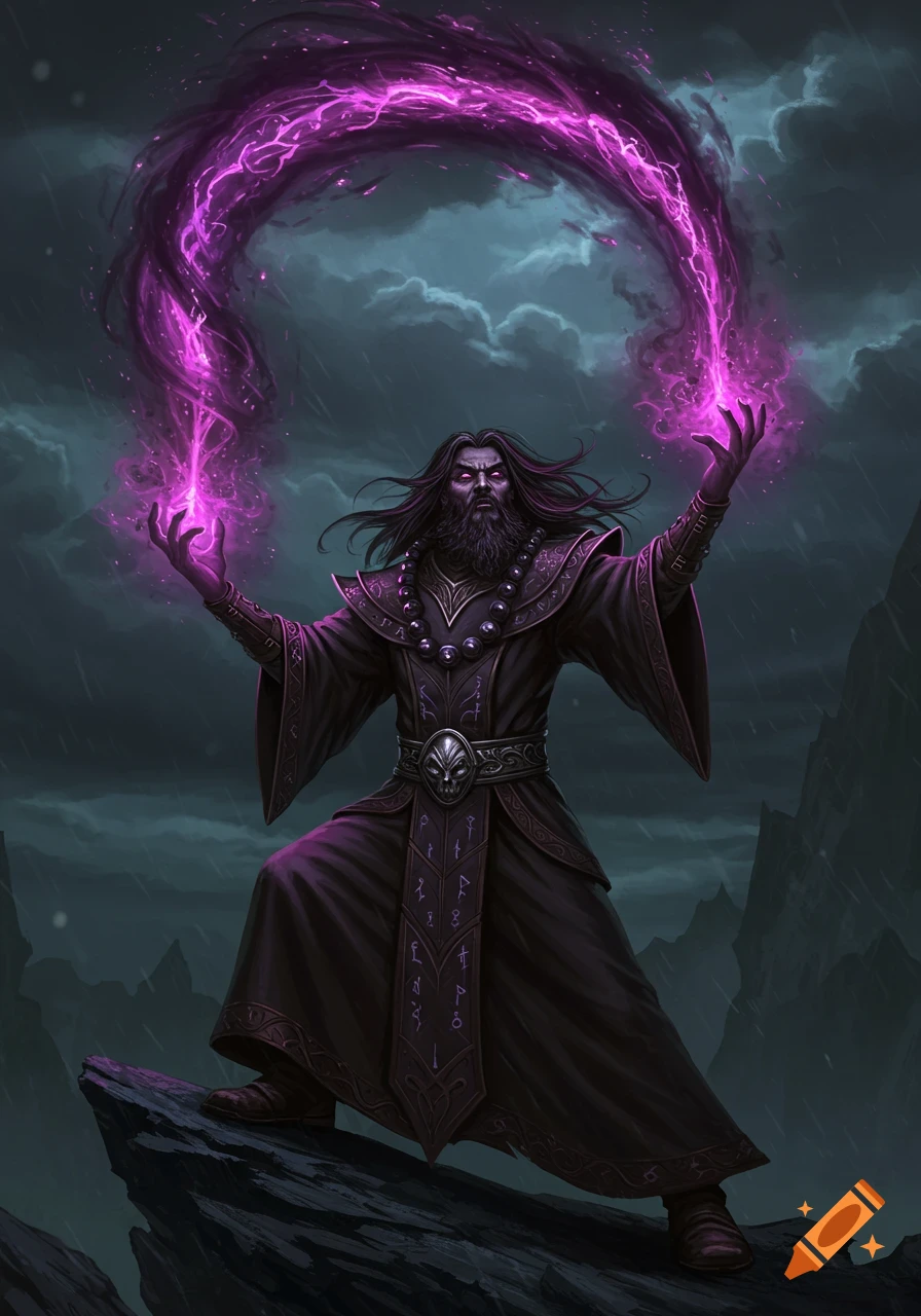 A dark wizard casts a purple spell in a stormy landscape.
