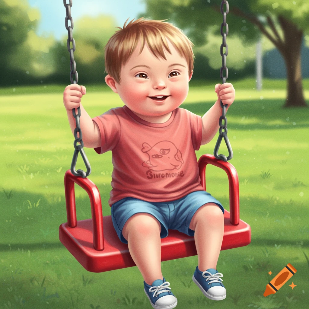 A young boy with Down syndrome is smiling on a red swing in a sunny park.