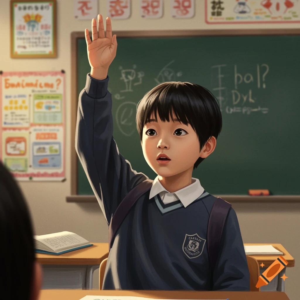 A photorealistic image of a young boy raising his hand in a classroom.