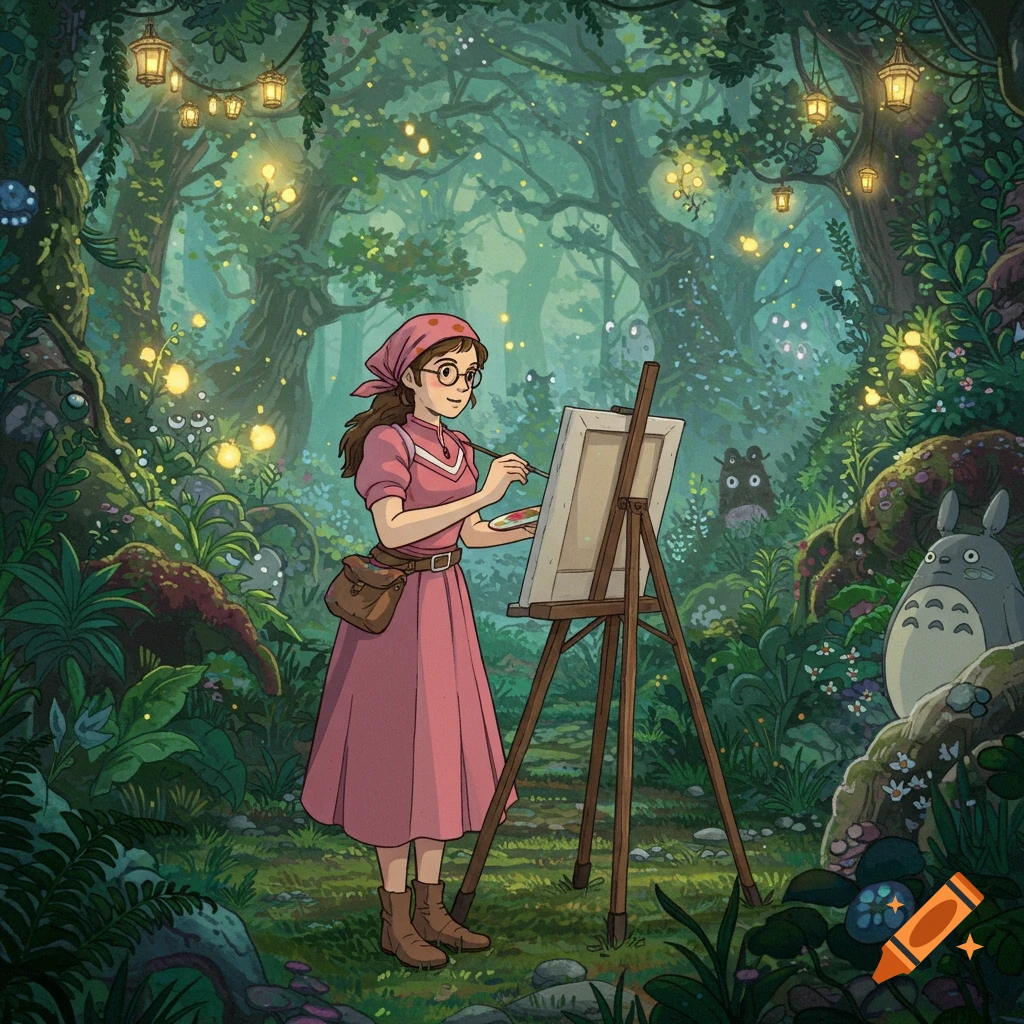 Studio Ghibli style illustration of a woman painting in a mystical forest with creatures