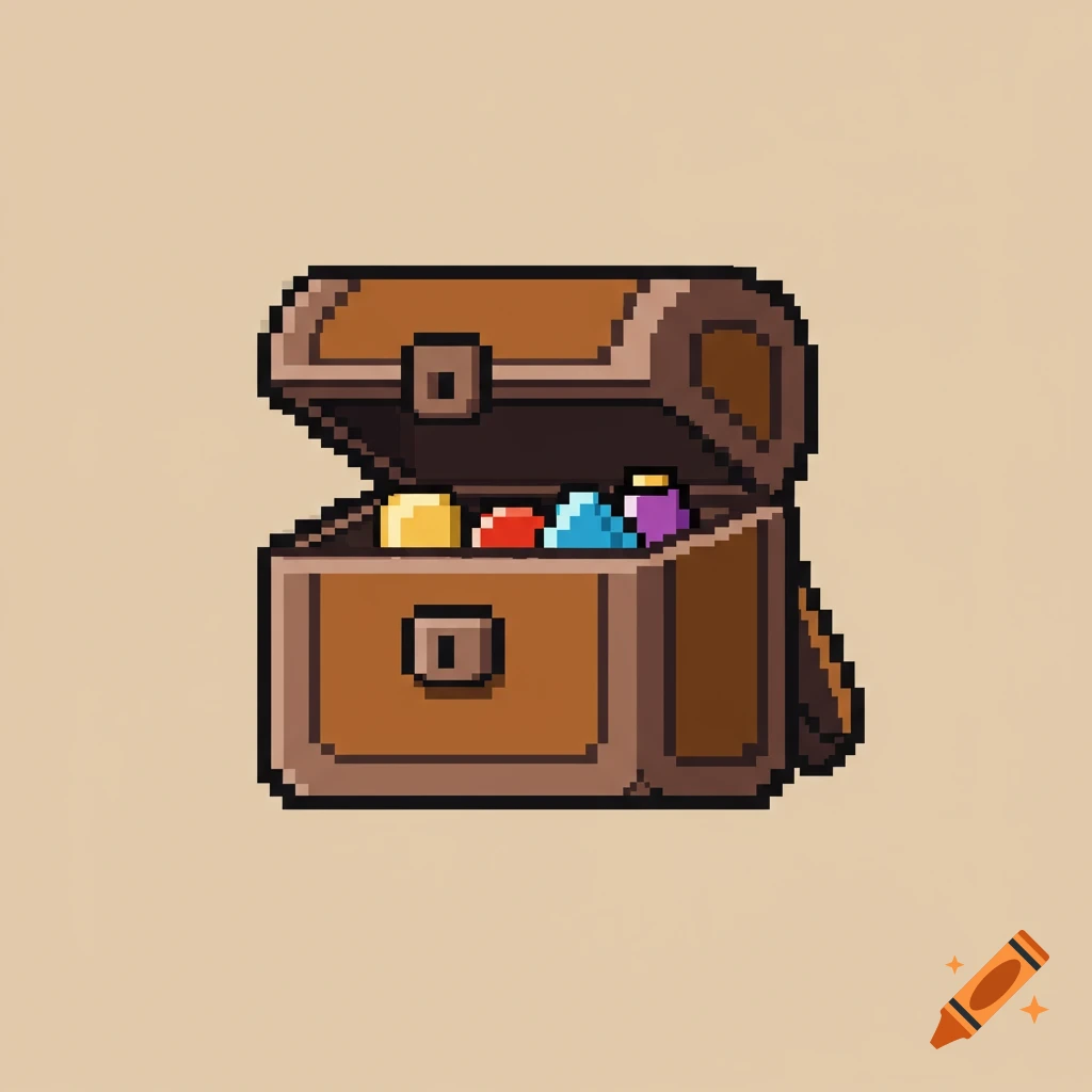 Pixel art icon of an open treasure chest filled with gold and gems.