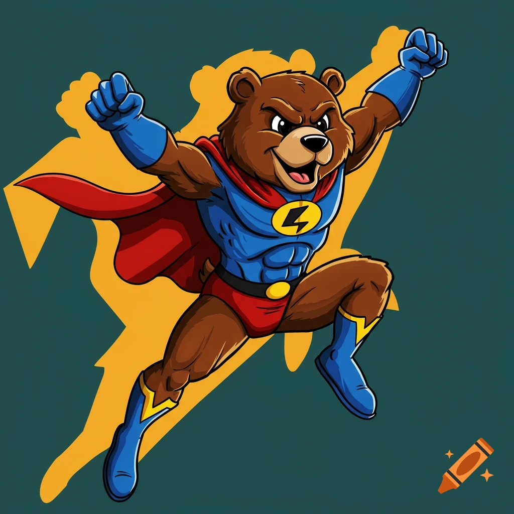 Cartoon bear superhero in a dynamic leaping pose.
