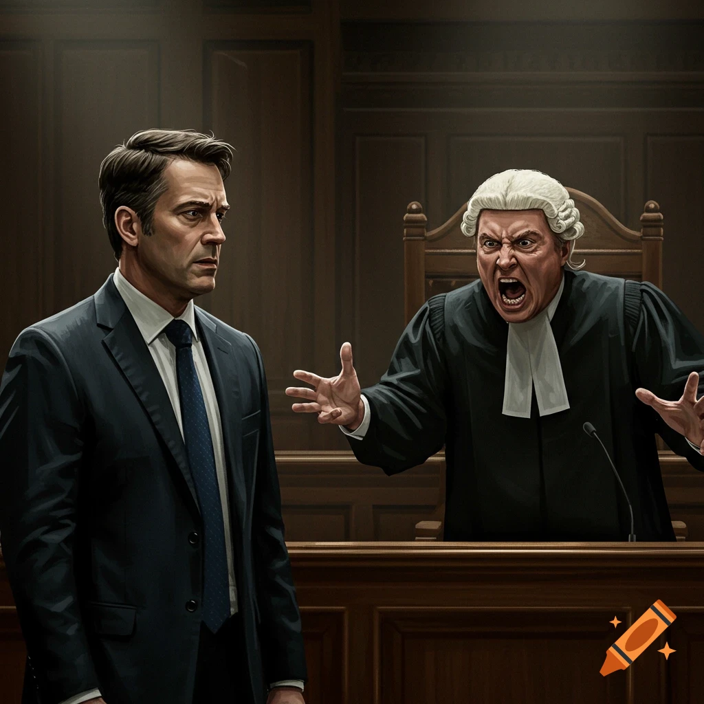 An angry judge yelling at an attorney in a courtroom.