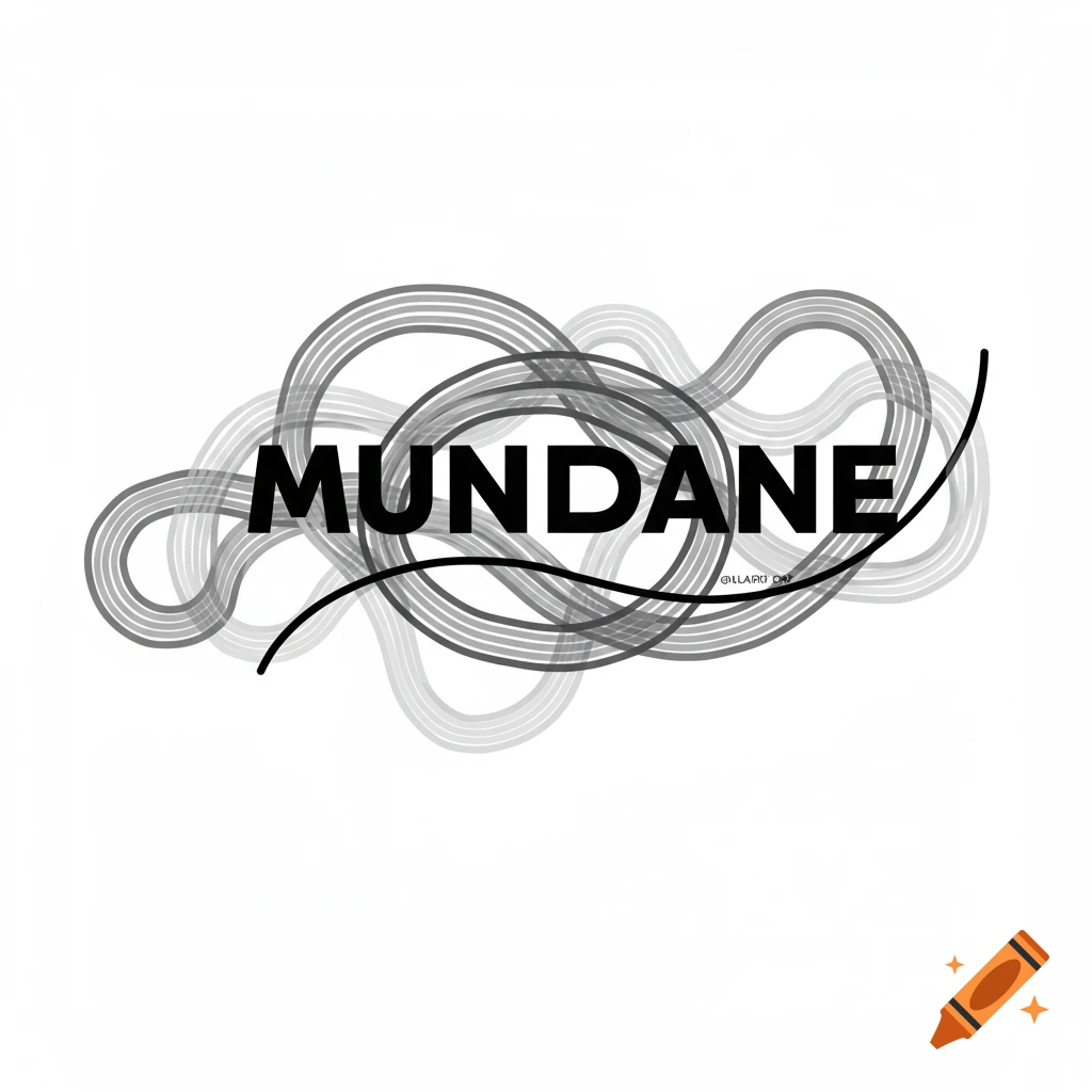 Black text 'MUNDANE' overlayed on swirling abstract grey lines against a white background.