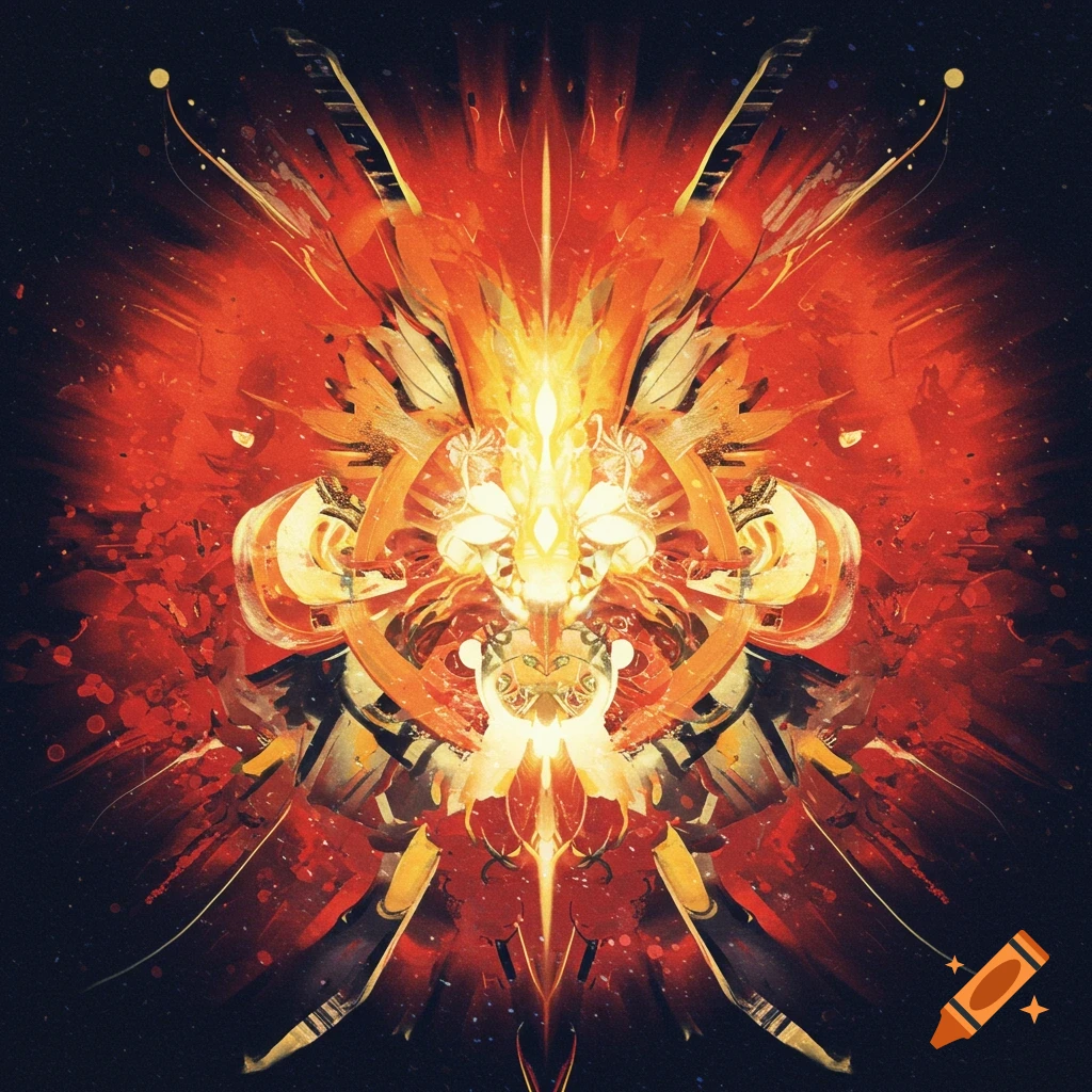 An abstract image of a symmetrical fiery, glowing entity.