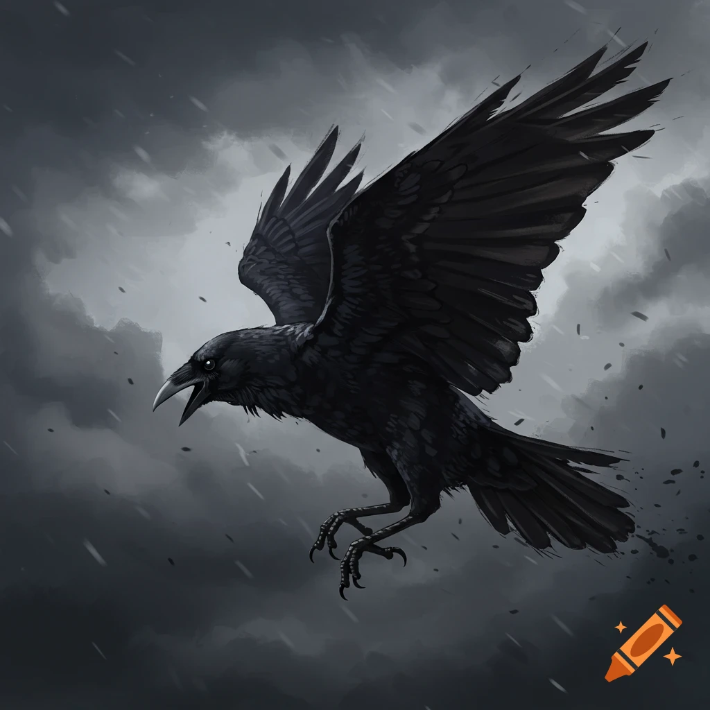 A black crow flying through a dark stormy sky.