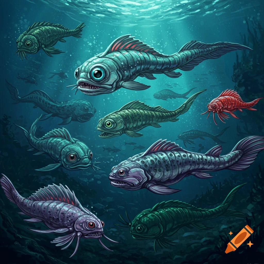 Strange prehistoric fish swimming in dark ocean depths