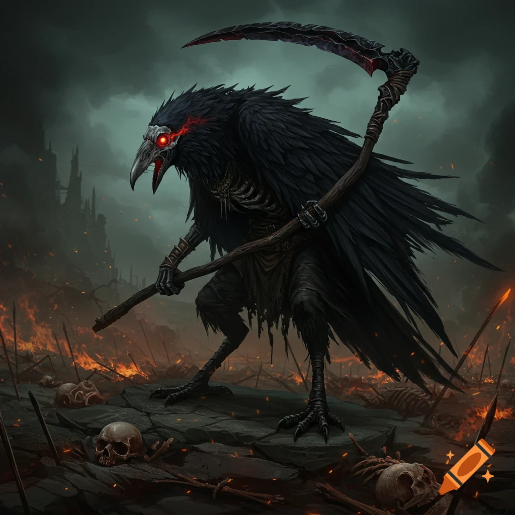 A dark fantasy image of a skeletal crow creature wielding a large scythe in a fiery battlefield scattered with skulls.