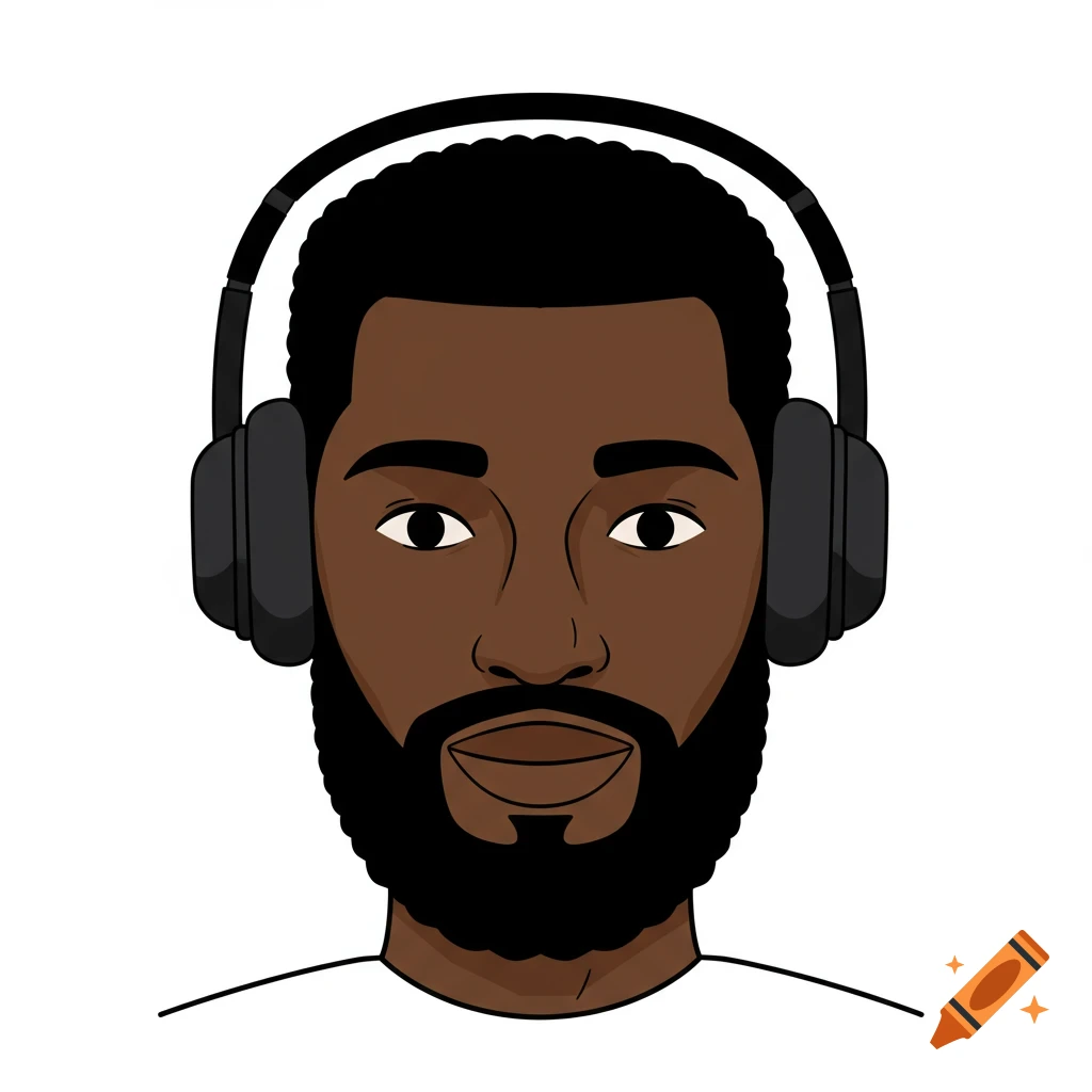 Illustration of a black man with headphones and beard.