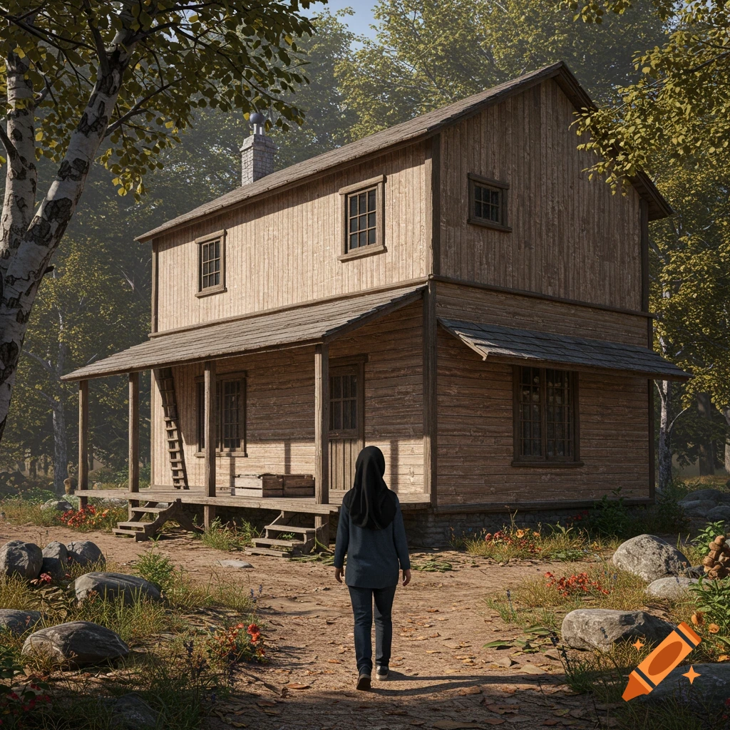 A person walks towards a wooden cabin in a forest clearing.