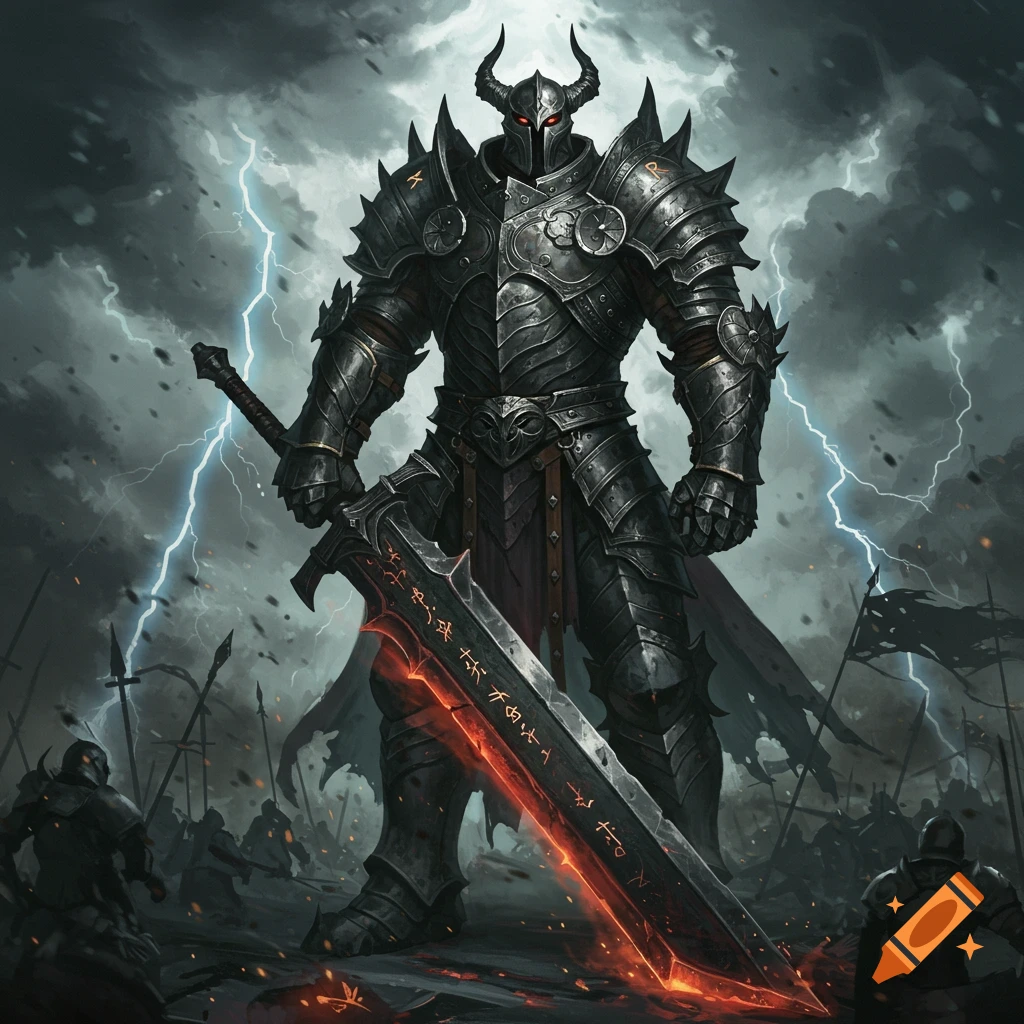 Giant armored warrior holding a glowing sword on a stormy battlefield.