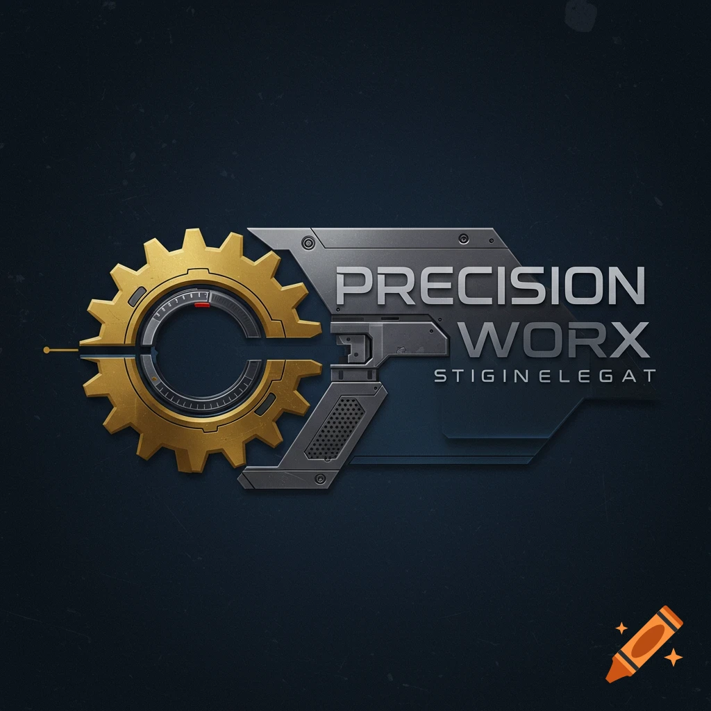 A logo featuring a gold gear interlocking with stylized grey metallic elements and the text "PRECISION WORX".