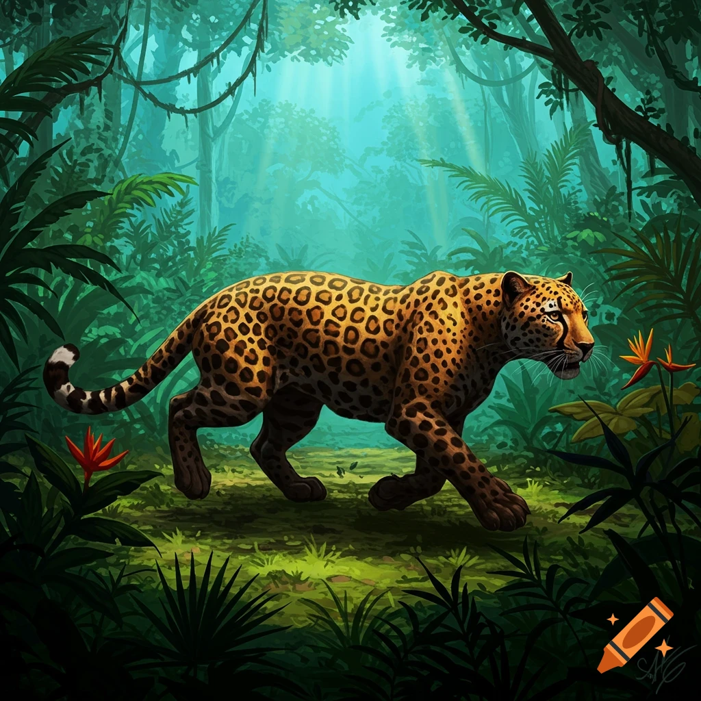 a spotted big cat walking through a vibrant jungle.