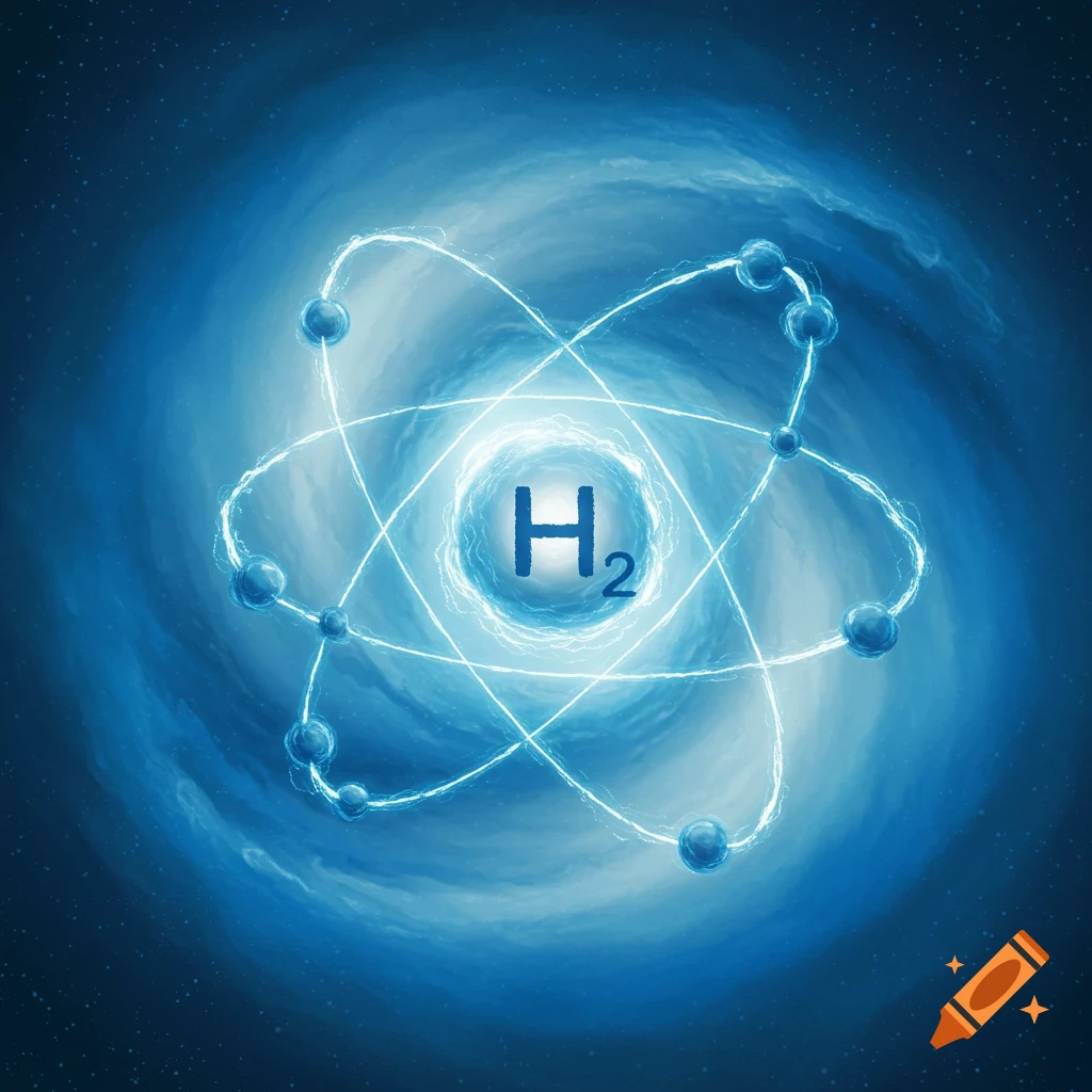 Stylized depiction of a hydrogen molecule (H2) with orbiting spheres and energy lines against a swirling blue cosmic background.