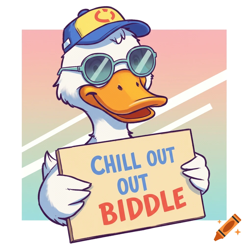 A cartoon duck wearing sunglasses and a blue and yellow baseball cap holds a sign that says 'CHILL OUT OUT BIDDLE'.