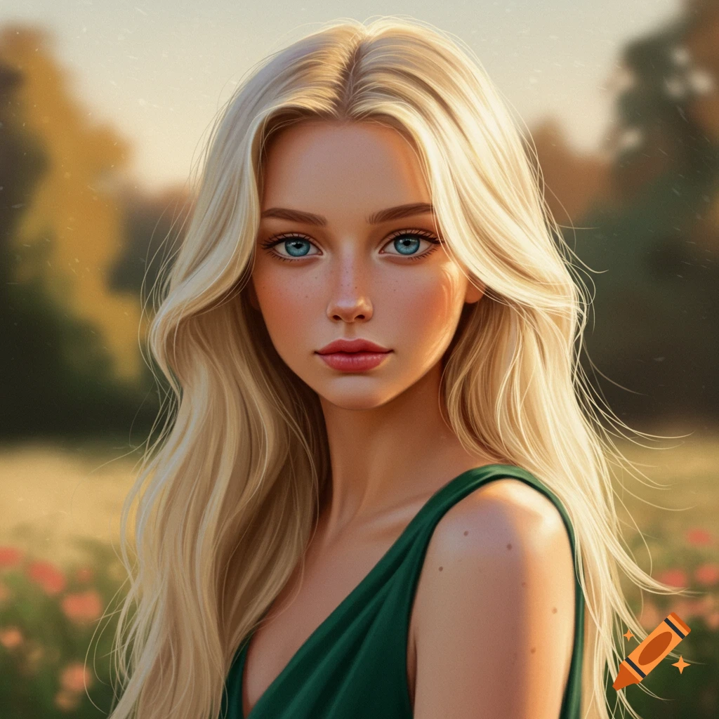 portrait of a blonde woman in a green dress at sunset