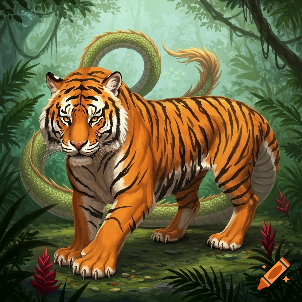 A tiger-dragon morph stands in a jungle.