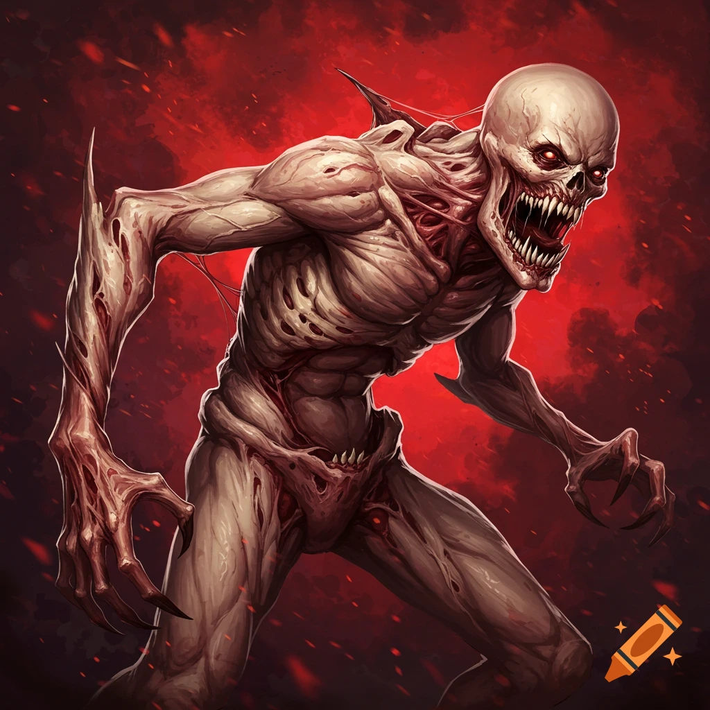 A horrific, fleshy creature with sharp teeth, glowing red eyes, and exposed muscle on a red background.