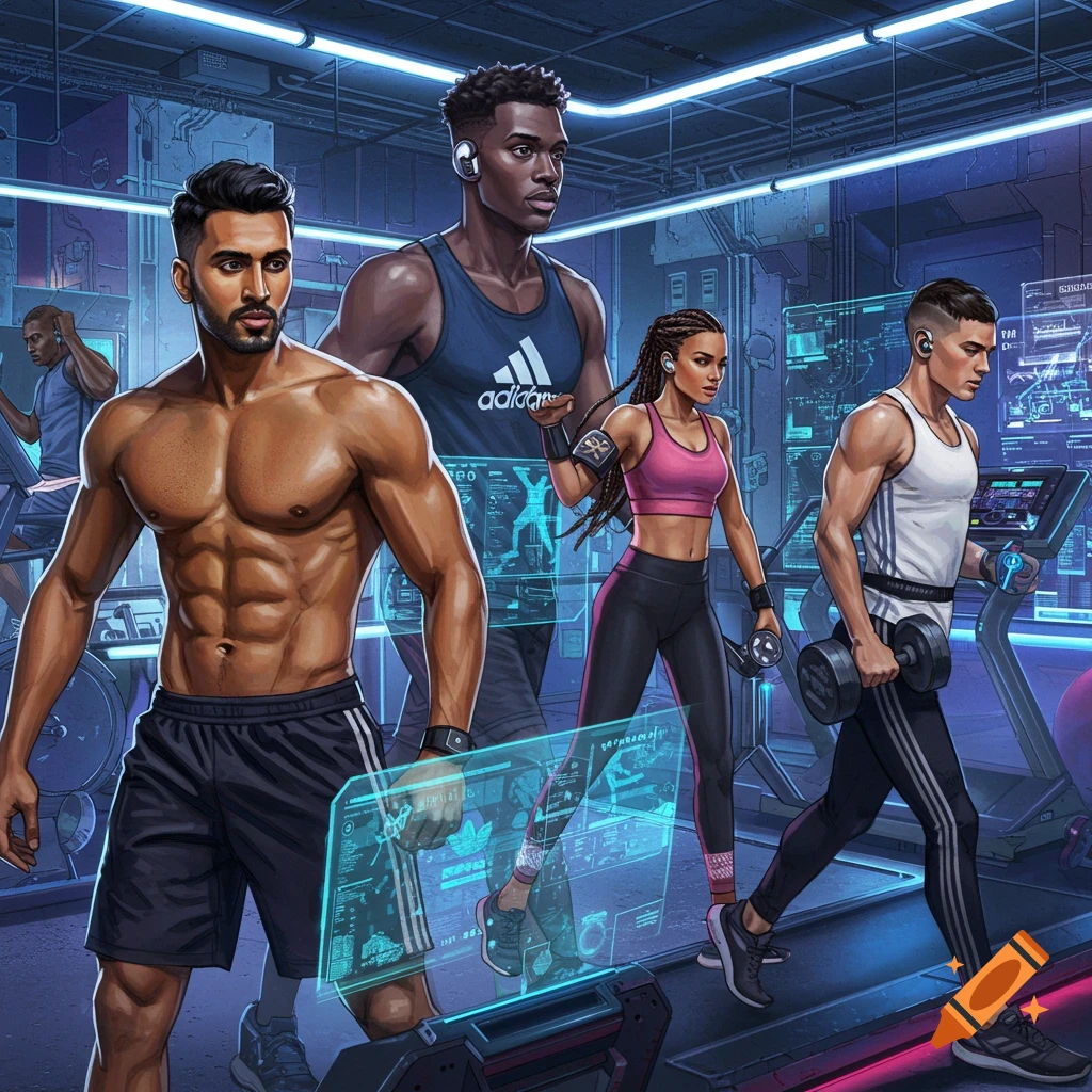 Diverse people working out in a futuristic gym with holographic screens.