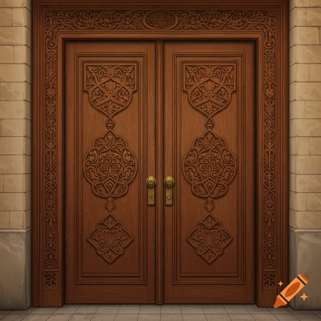 Intricate wooden double door with carvings in a stone wall.