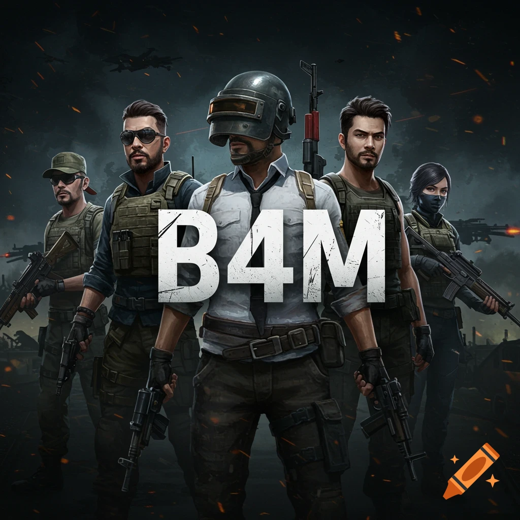 Image of gaming characters in tactical gear with guns, text B4M overlaid.