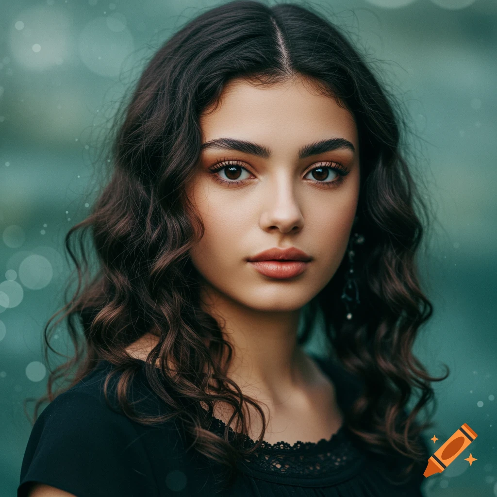 Close-up portrait of a woman with dark curly hair and a black dress against a teal bokeh background.
