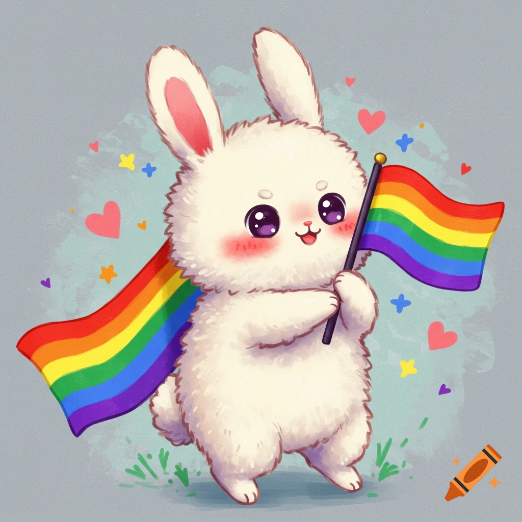 A cute bunny holds a rainbow flag in a colorful illustration with hearts and stars.