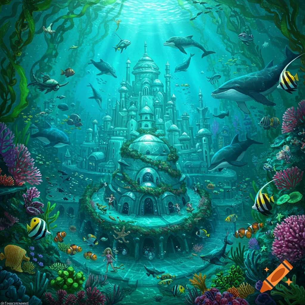 An underwater fantasy city with dolphins, whales, fish, and small figures swimming among coral reefs.