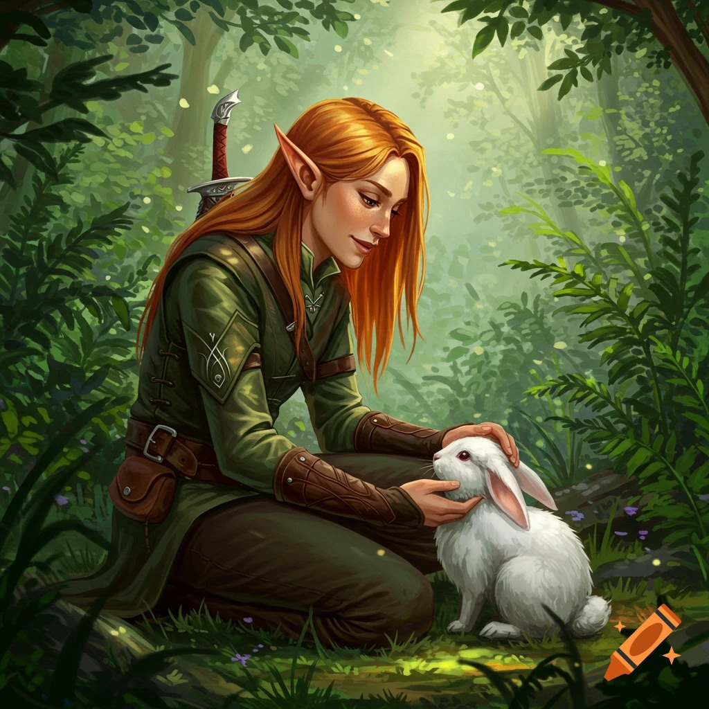 An elf kneels and pets a white rabbit in a forest.