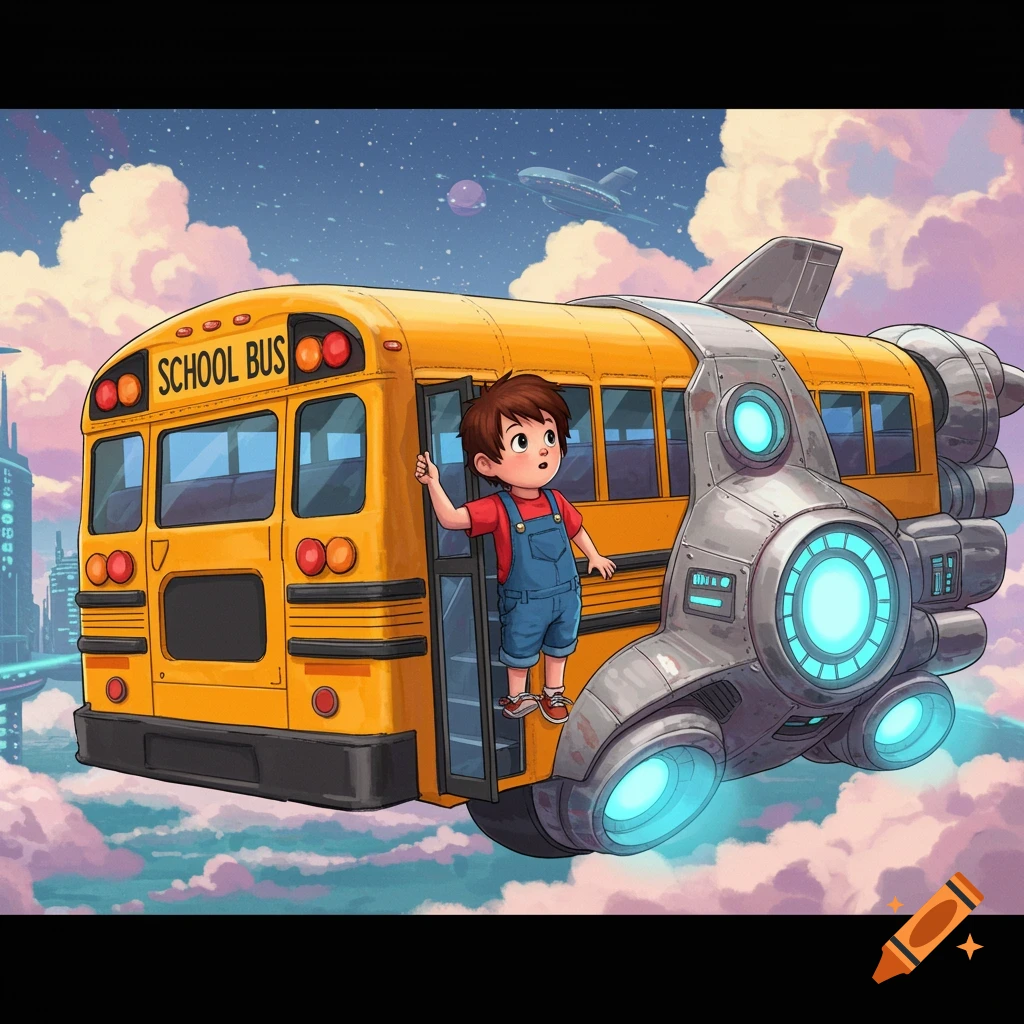 Cartoon of a child boarding a yellow school bus hybrid with spaceship thrusters flying above a city.