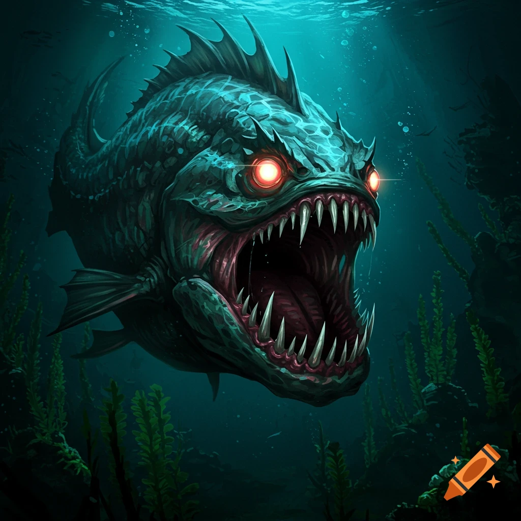 A terrifying monstrous fish with glowing red eyes and sharp teeth swims underwater among plants.