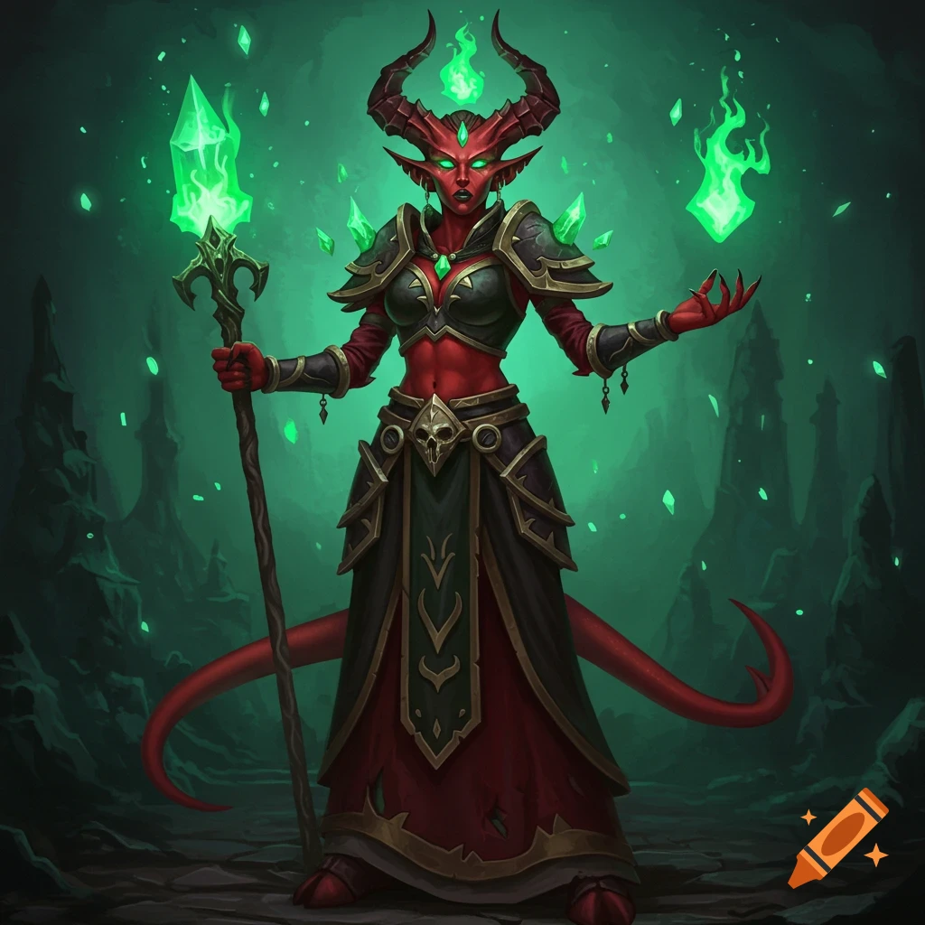 A red-skinned female demon with horns and green eyes, holding a staff, in a dark fantasy setting.