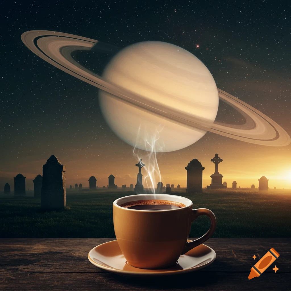 A coffee cup sits on a table, steam rising, with a graveyard and the planet Saturn in a sunset sky.