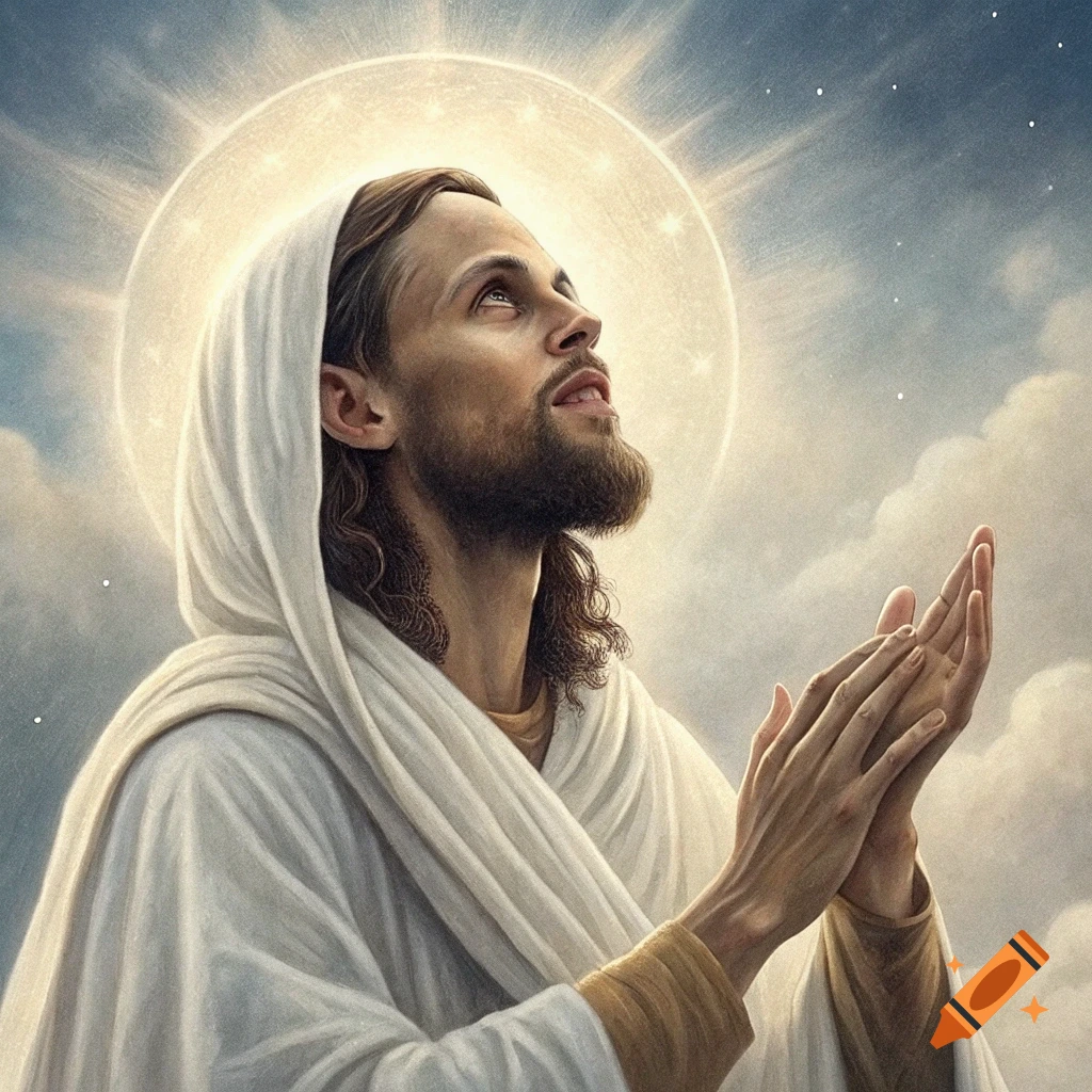 Jesus figure praying against a sky background with a halo.