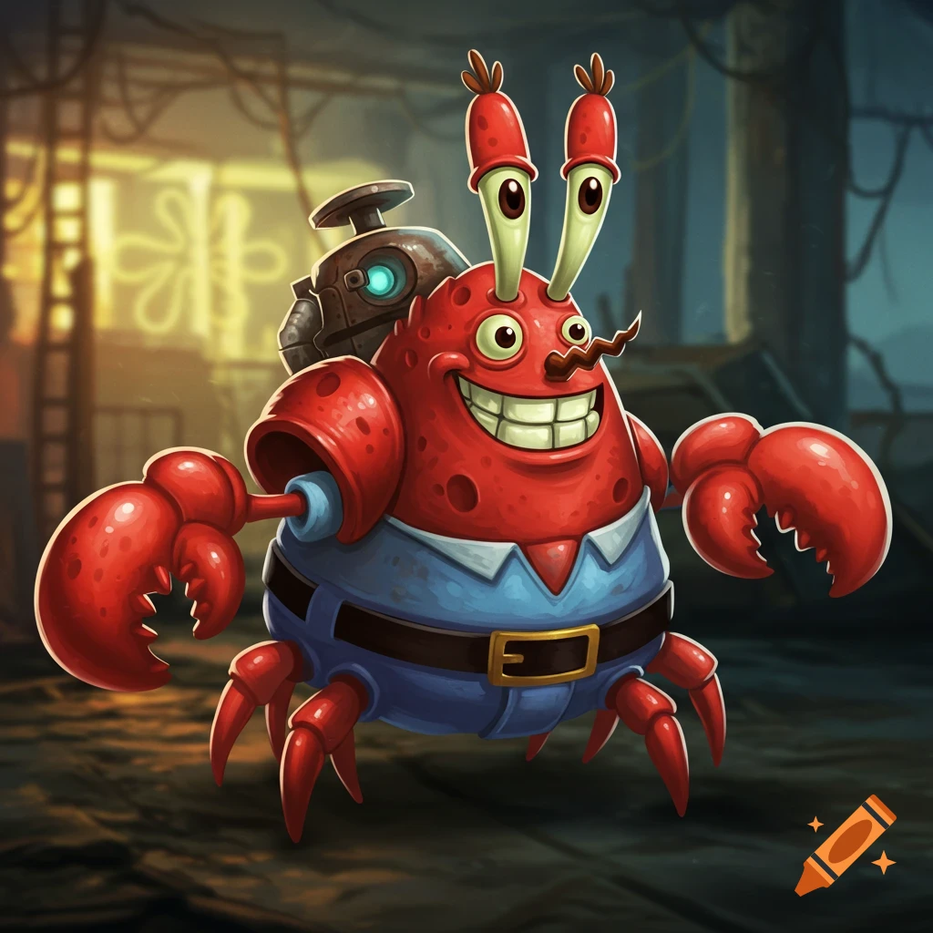 A crab character is depicted wearing a shirt and pants, resembling Mr. Krabs and a robot.