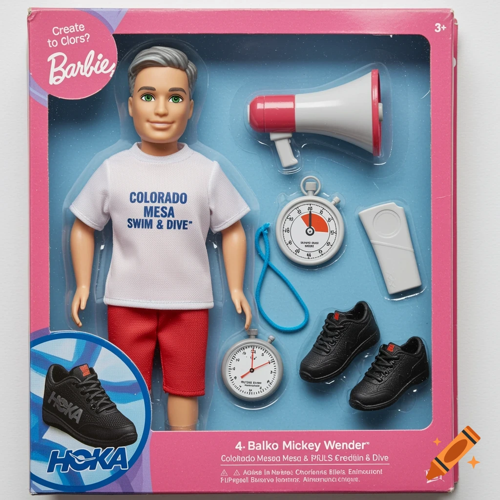 Ken doll in packaging wearing a 'Colorado Mesa Swim & Dive' shirt with accessories including a megaphone, stopwatches, and shoes.