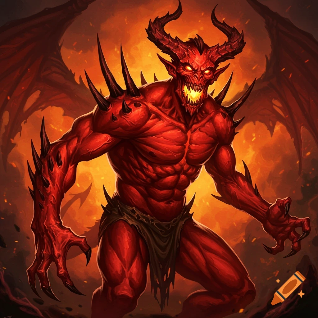 A red spined devil with large horns and wings stands in a fiery, chaotic landscape.