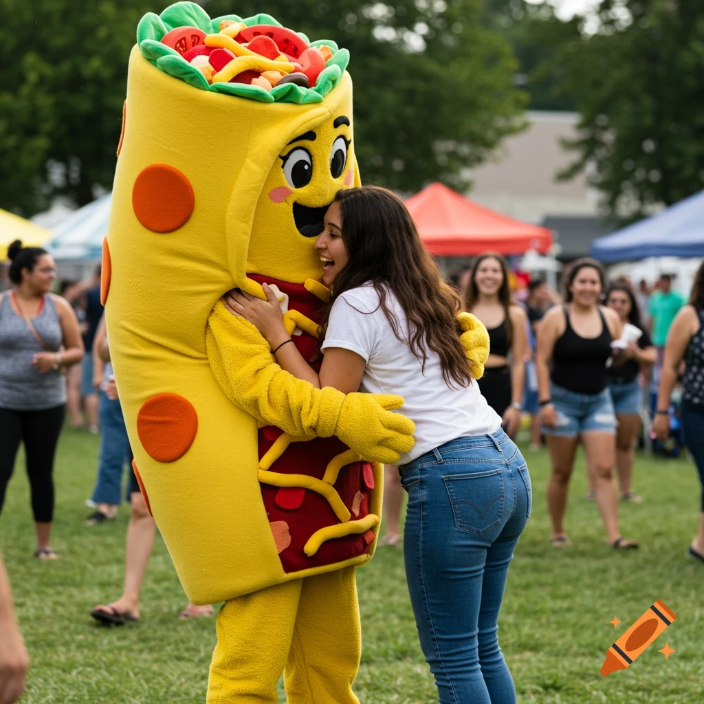 A woman hugs a person in a yellow burrito mascot costume at an outdoor event.