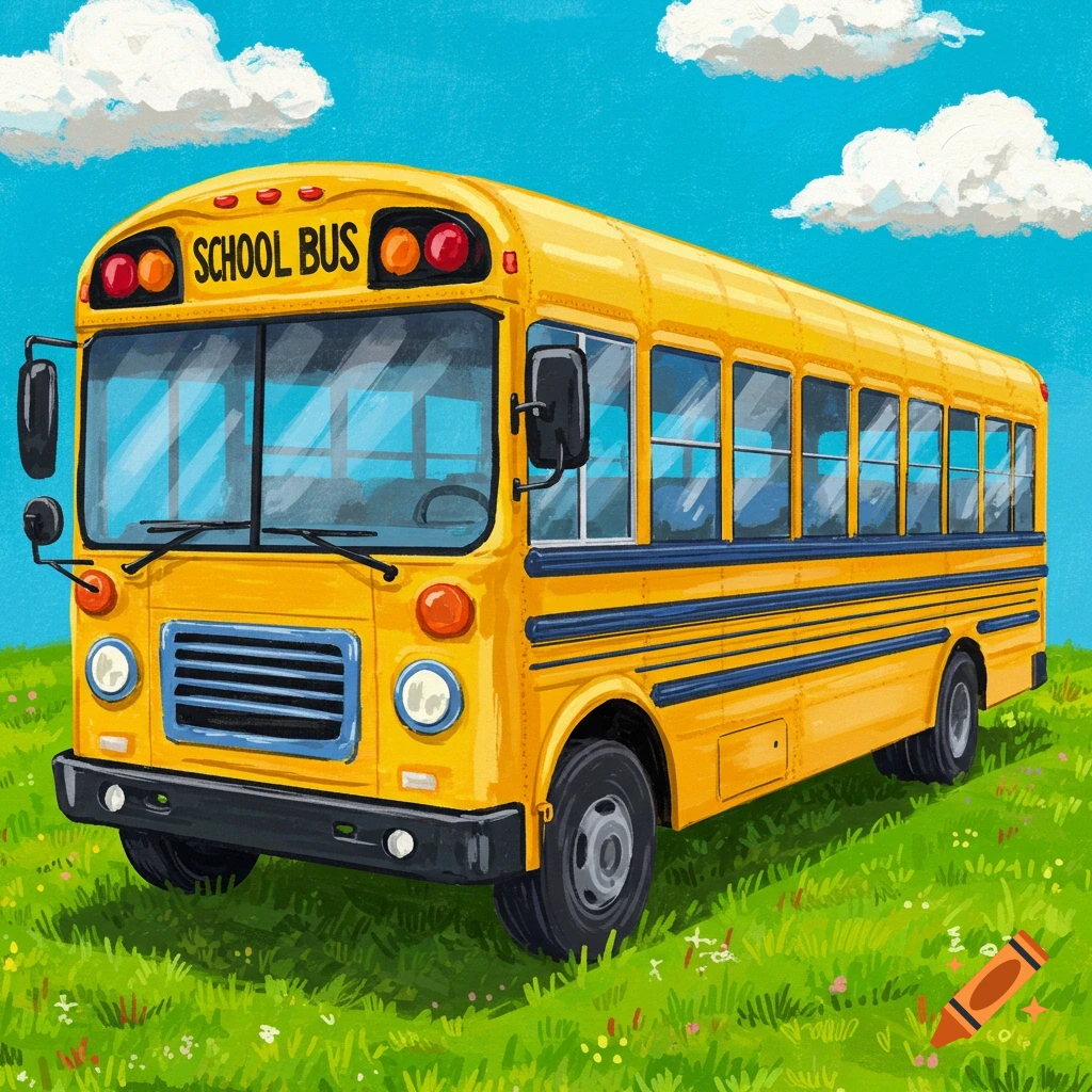 A yellow school bus in a grassy field under a blue sky with clouds.