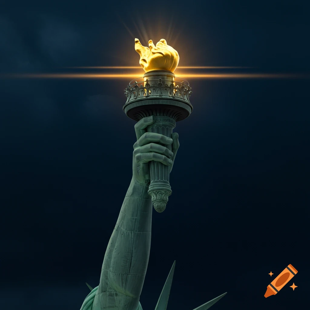Statue of Liberty's arm holds the torch with a bright golden flame.